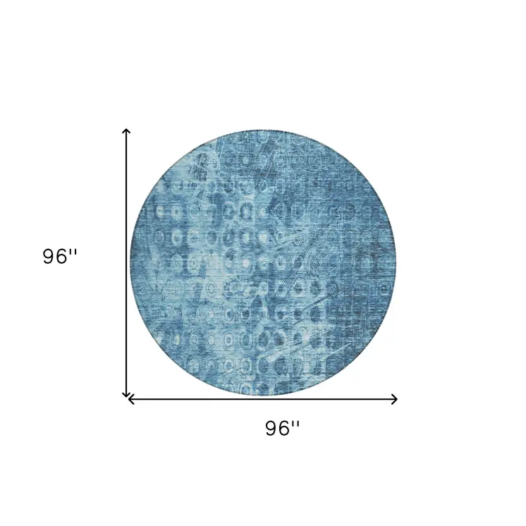 8' Blue Round Ikat Washable Indoor Outdoor Area Rug