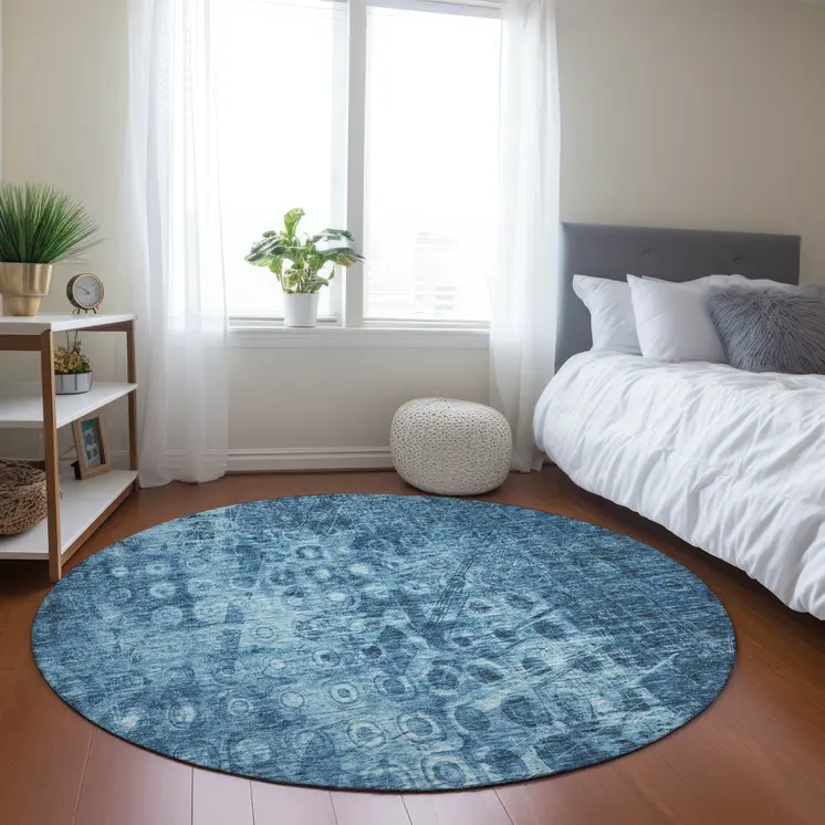8' Blue Round Ikat Washable Indoor Outdoor Area Rug