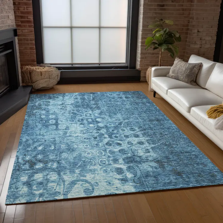 9' X 12' Blue Ikat Washable Indoor Outdoor Area Rug