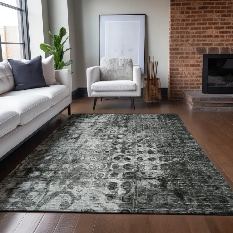 3' X 5' Charcoal Ikat Washable Indoor Outdoor Area Rug