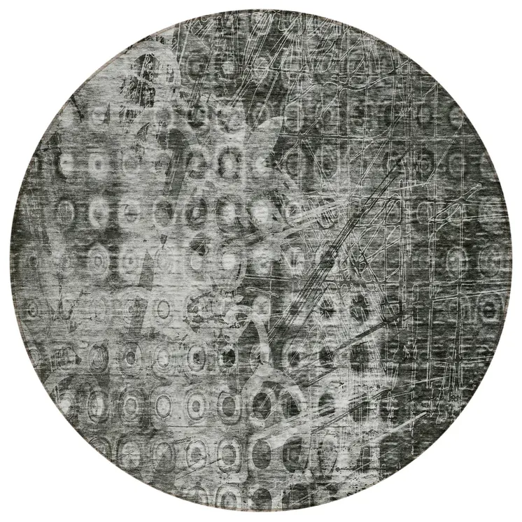 8' Charcoal Round Ikat Washable Indoor Outdoor Area Rug