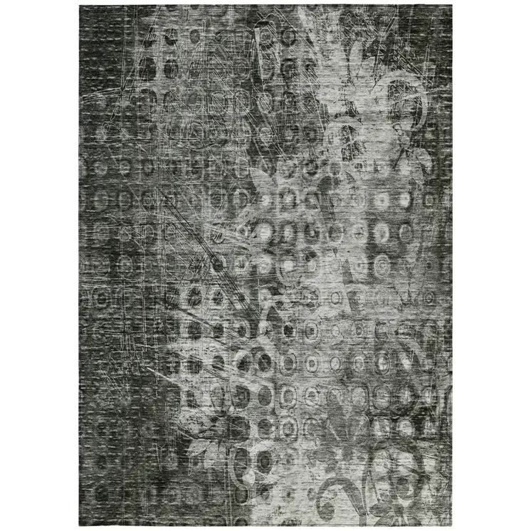9' X 12' Charcoal Ikat Washable Indoor Outdoor Area Rug