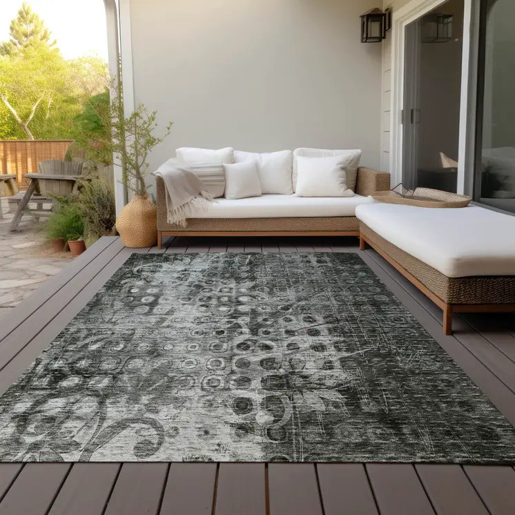 9' X 12' Charcoal Ikat Washable Indoor Outdoor Area Rug
