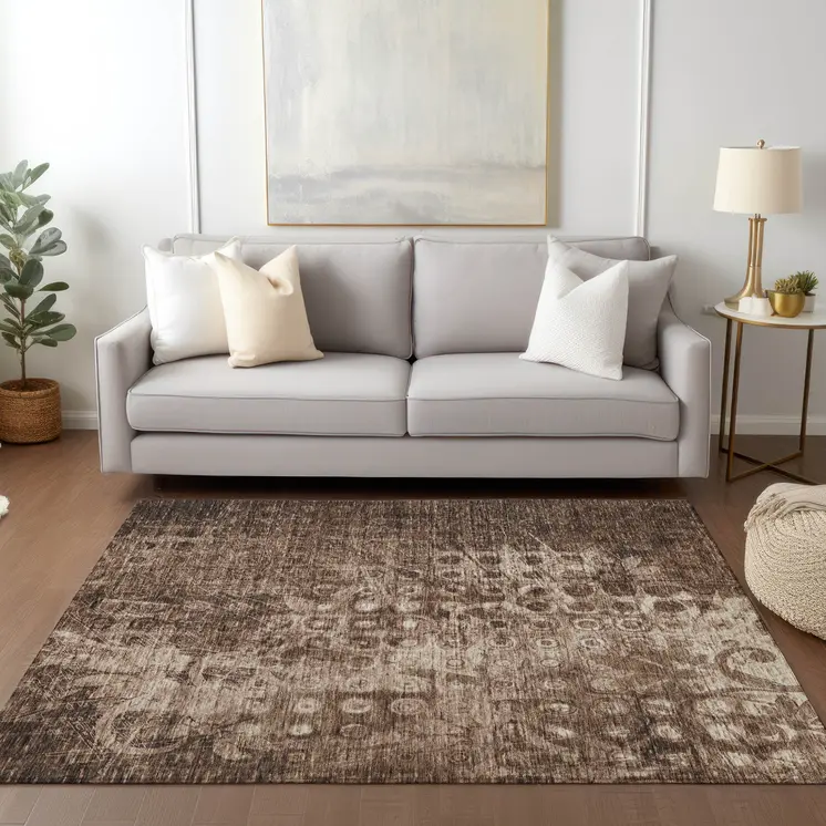 5' X 8' Chocolate Ikat Washable Indoor Outdoor Area Rug
