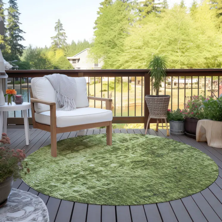8' Olive Green Round Ikat Washable Indoor Outdoor Area Rug