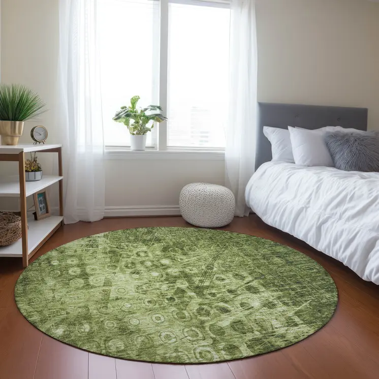 8' Olive Green Round Ikat Washable Indoor Outdoor Area Rug