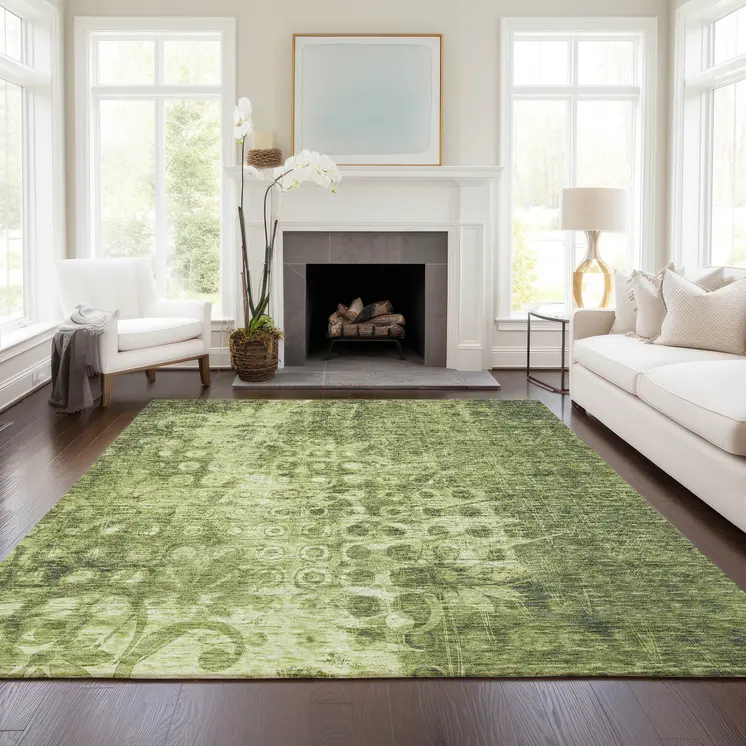 10' X 14' Olive Green Ikat Washable Indoor Outdoor Area Rug