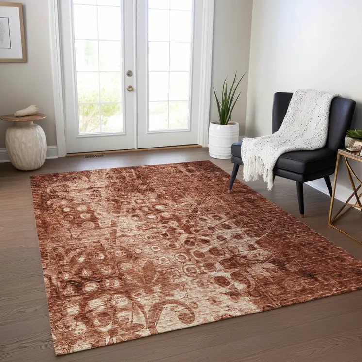9' X 12' Orange Ikat Washable Indoor Outdoor Area Rug