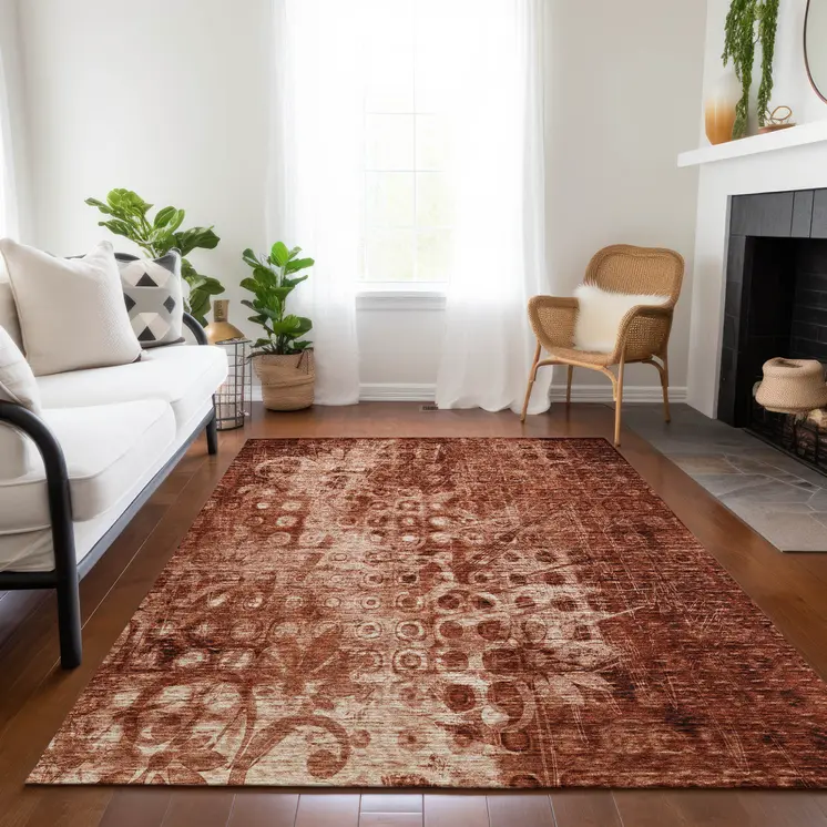 10' X 14' Orange Ikat Washable Indoor Outdoor Area Rug