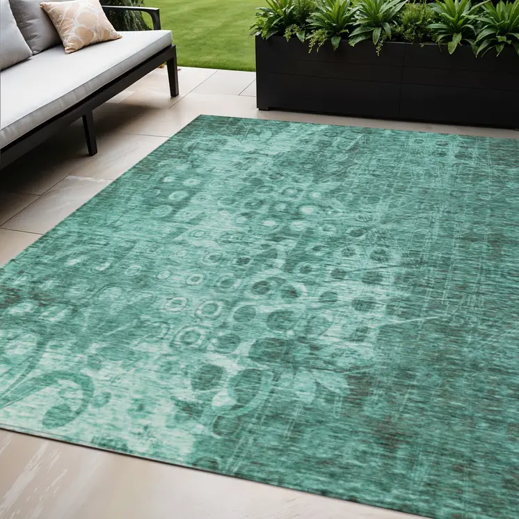 5' X 8' Teal Blue Ikat Washable Indoor Outdoor Area Rug