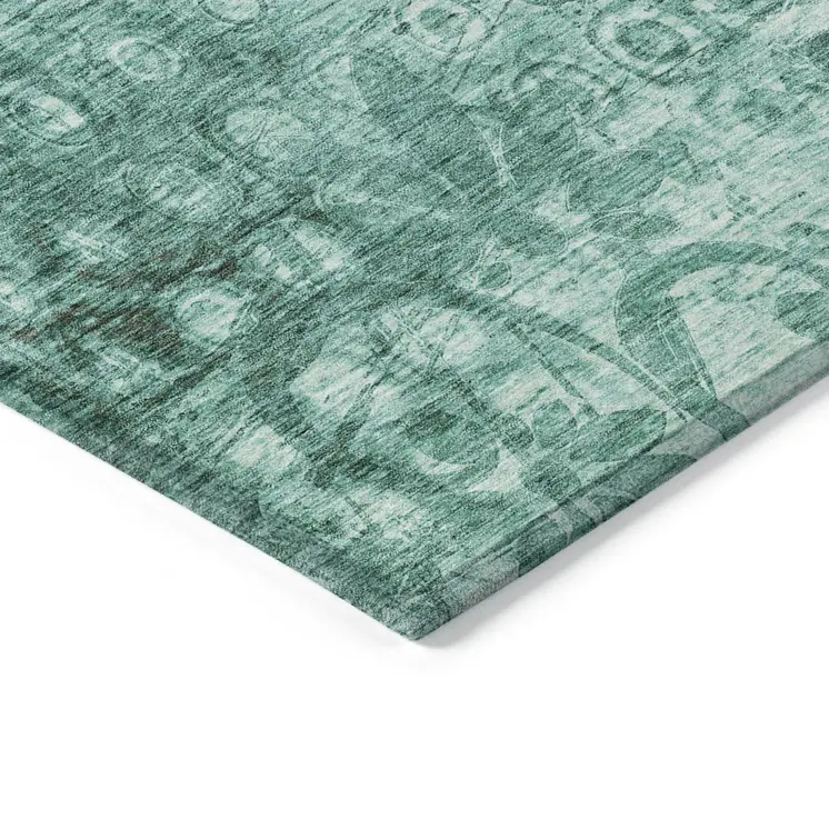 8' Teal Blue Round Ikat Washable Indoor Outdoor Area Rug