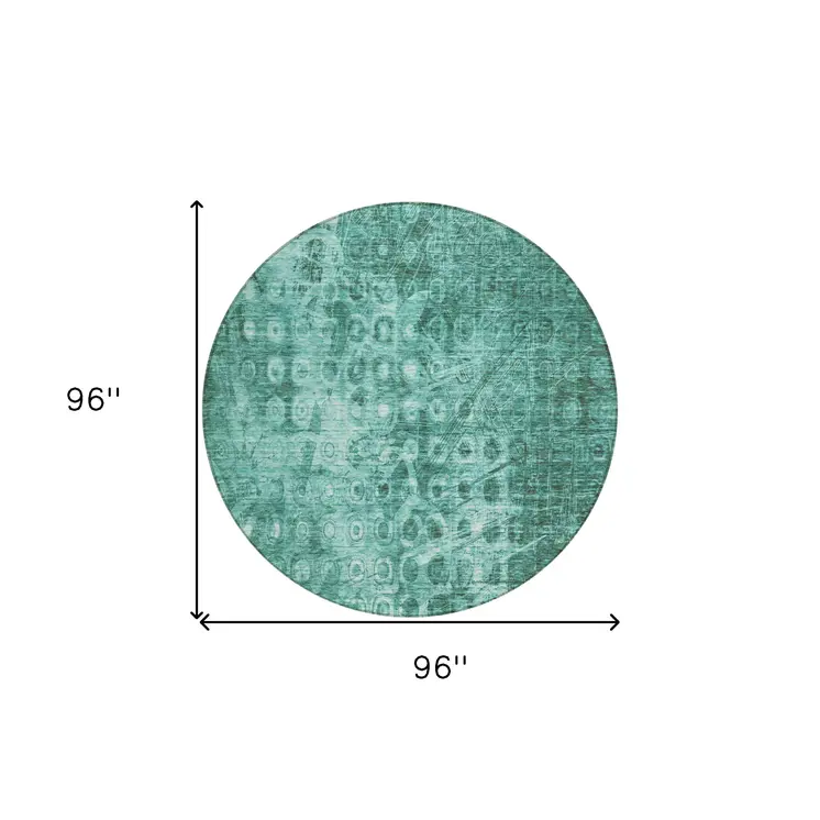 8' Teal Blue Round Ikat Washable Indoor Outdoor Area Rug