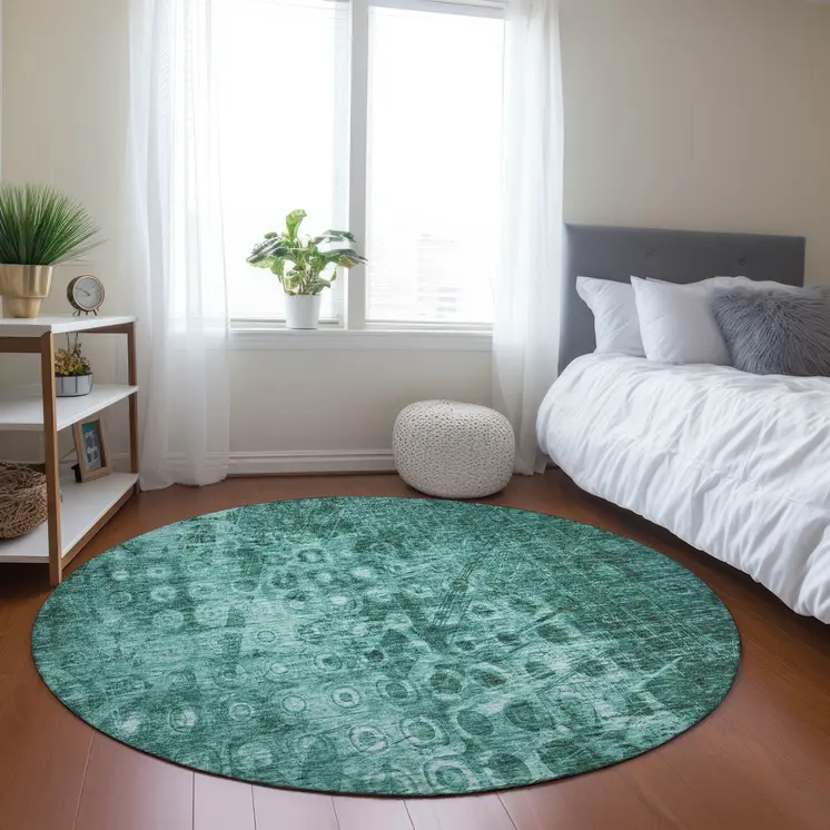 8' Teal Blue Round Ikat Washable Indoor Outdoor Area Rug