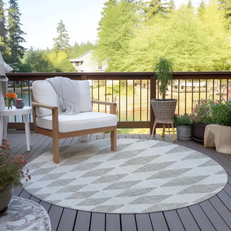 8' Beige Round Geometric Washable Indoor Outdoor Area Rug