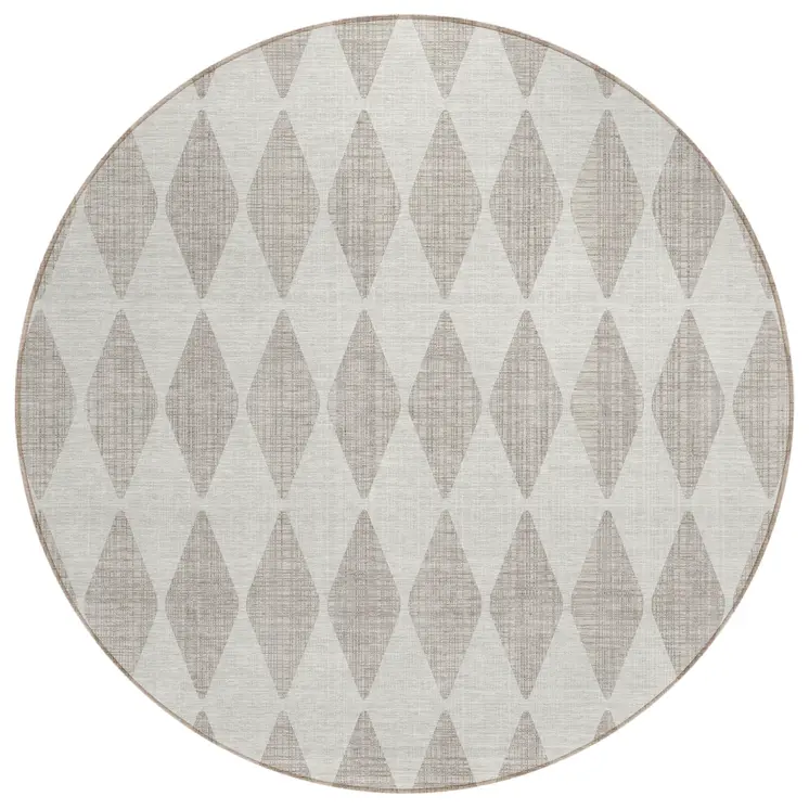 8' Beige Round Geometric Washable Indoor Outdoor Area Rug
