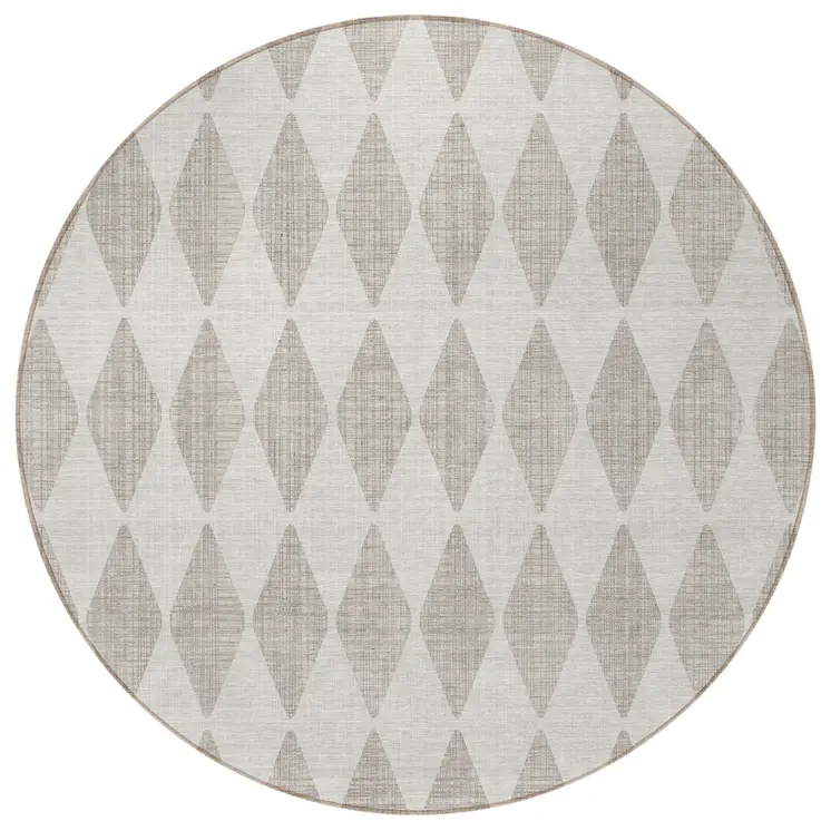 8' Beige Round Geometric Washable Indoor Outdoor Area Rug