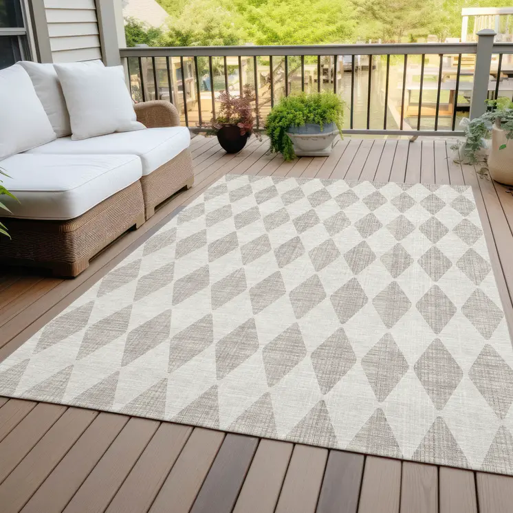 9' X 12' Beige Geometric Washable Indoor Outdoor Area Rug