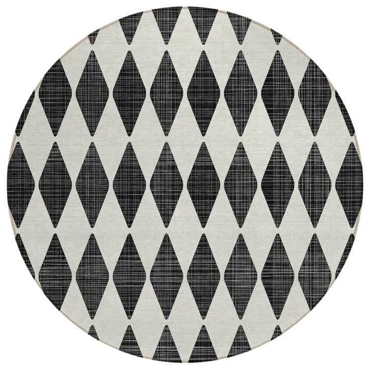 8' Black Round Geometric Washable Indoor Outdoor Area Rug