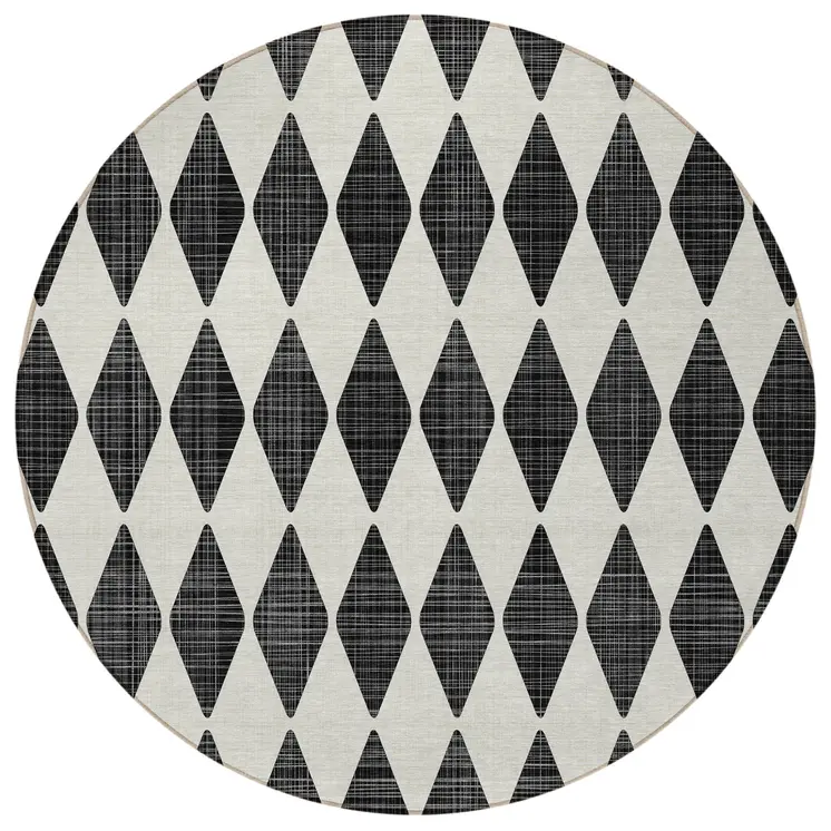 8' Black Round Geometric Washable Indoor Outdoor Area Rug