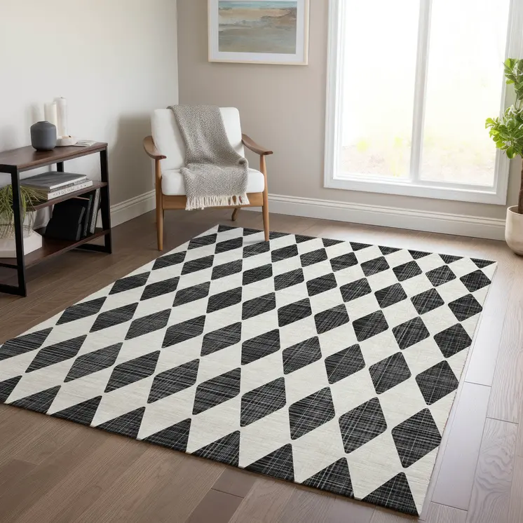 10' X 14' Black Geometric Washable Indoor Outdoor Area Rug