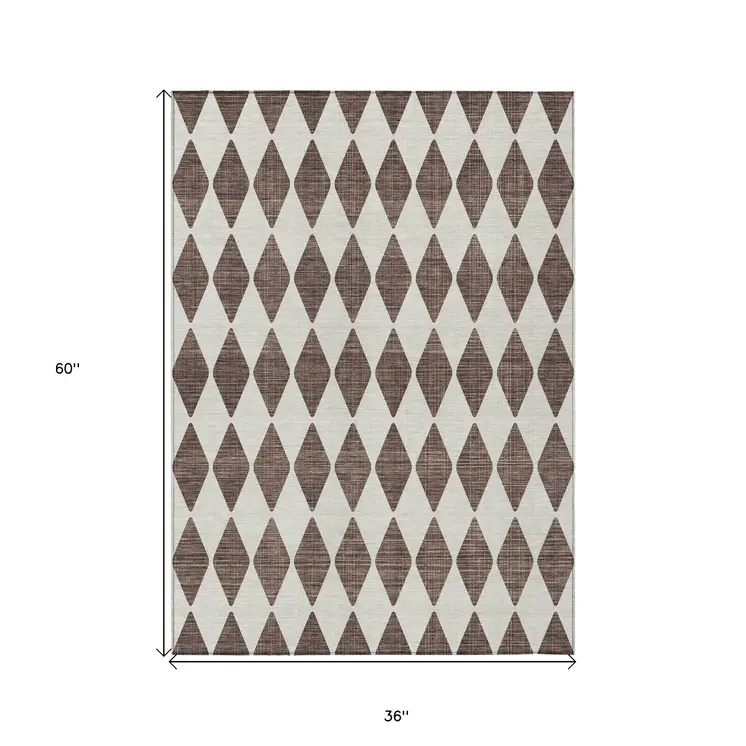 3' X 5' Brown Geometric Washable Indoor Outdoor Area Rug