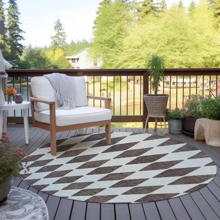 8' Brown Round Geometric Washable Indoor Outdoor Area Rug