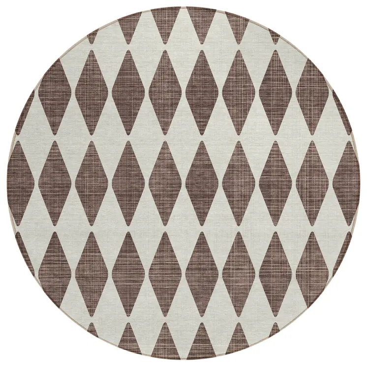 8' Brown Round Geometric Washable Indoor Outdoor Area Rug