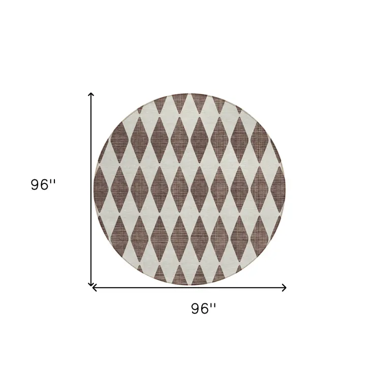 8' Brown Round Geometric Washable Indoor Outdoor Area Rug