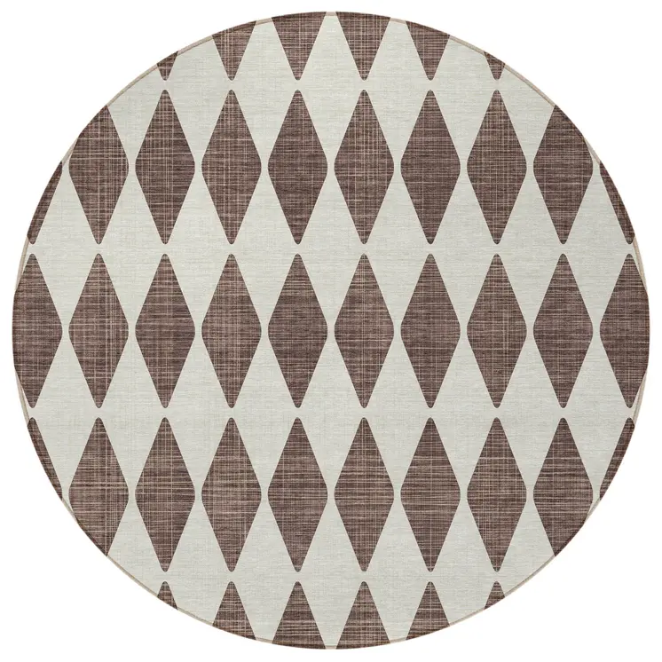 8' Brown Round Geometric Washable Indoor Outdoor Area Rug