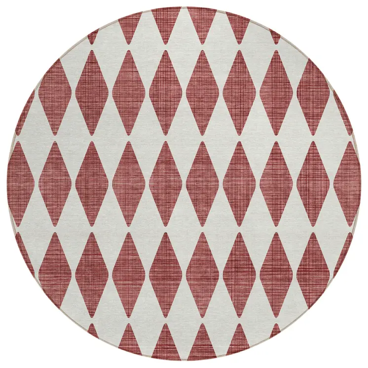 8' Burgundy Round Geometric Washable Indoor Outdoor Area Rug