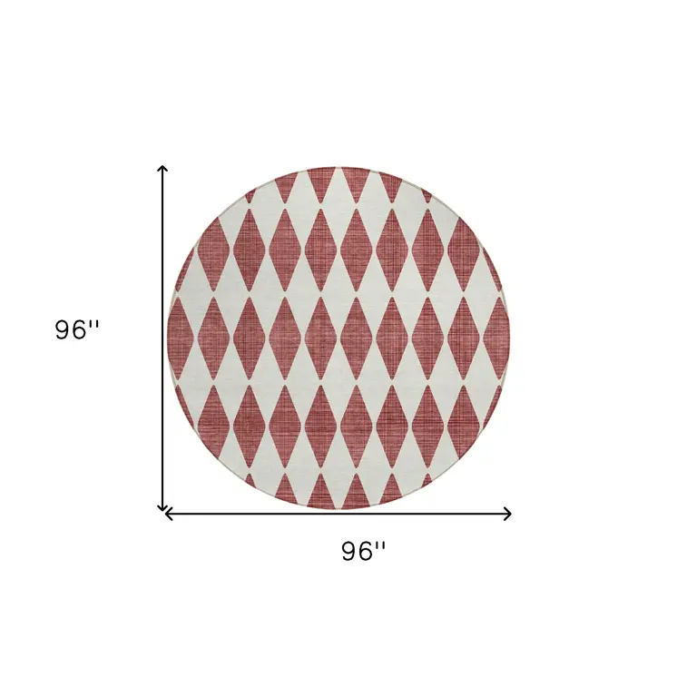 8' Burgundy Round Geometric Washable Indoor Outdoor Area Rug
