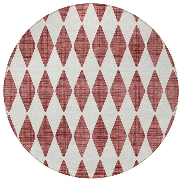 8' Burgundy Round Geometric Washable Indoor Outdoor Area Rug