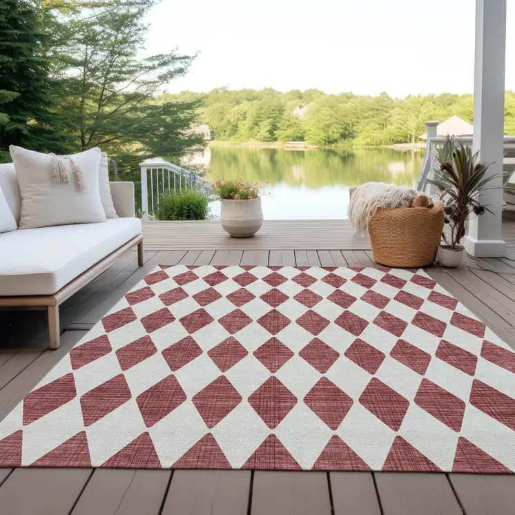 8' X 10' Burgundy Geometric Washable Indoor Outdoor Area Rug