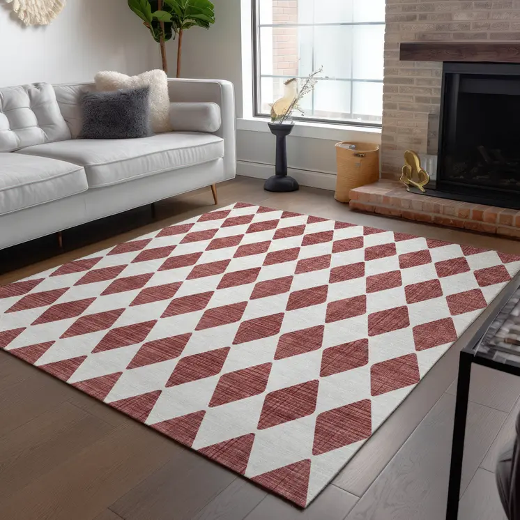 9' X 12' Burgundy Geometric Washable Indoor Outdoor Area Rug