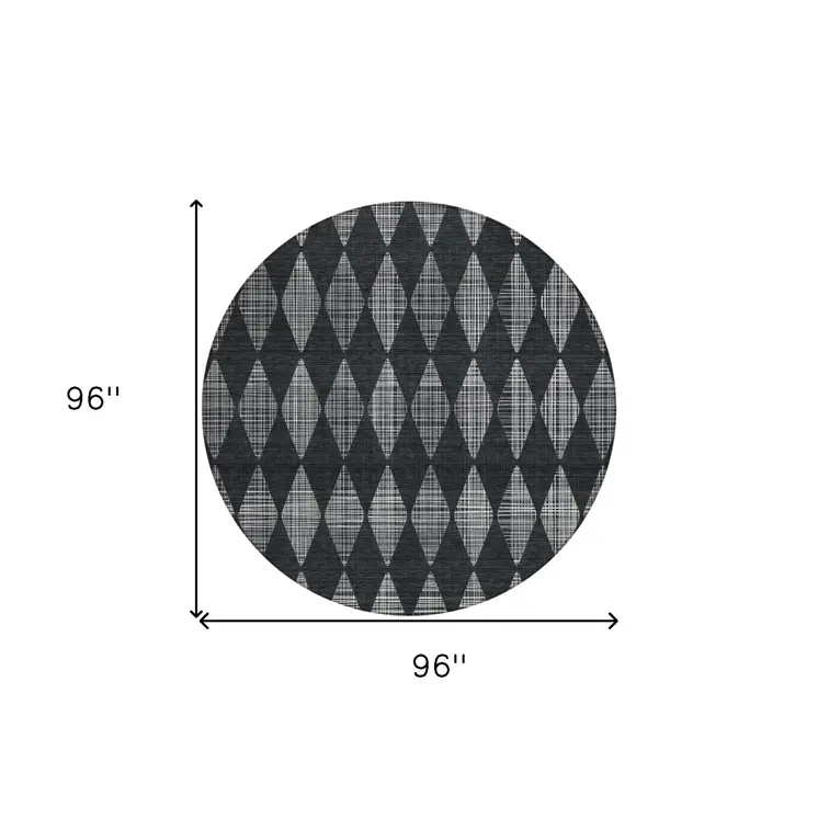 8' Charcoal Round Geometric Washable Indoor Outdoor Area Rug