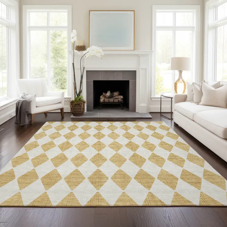 5' X 8' Gold Geometric Washable Indoor Outdoor Area Rug