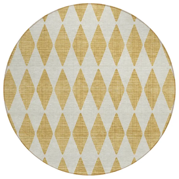 8' Gold Round Geometric Washable Indoor Outdoor Area Rug
