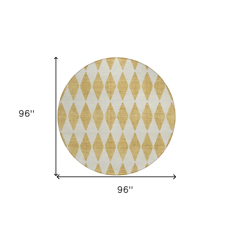 8' Gold Round Geometric Washable Indoor Outdoor Area Rug