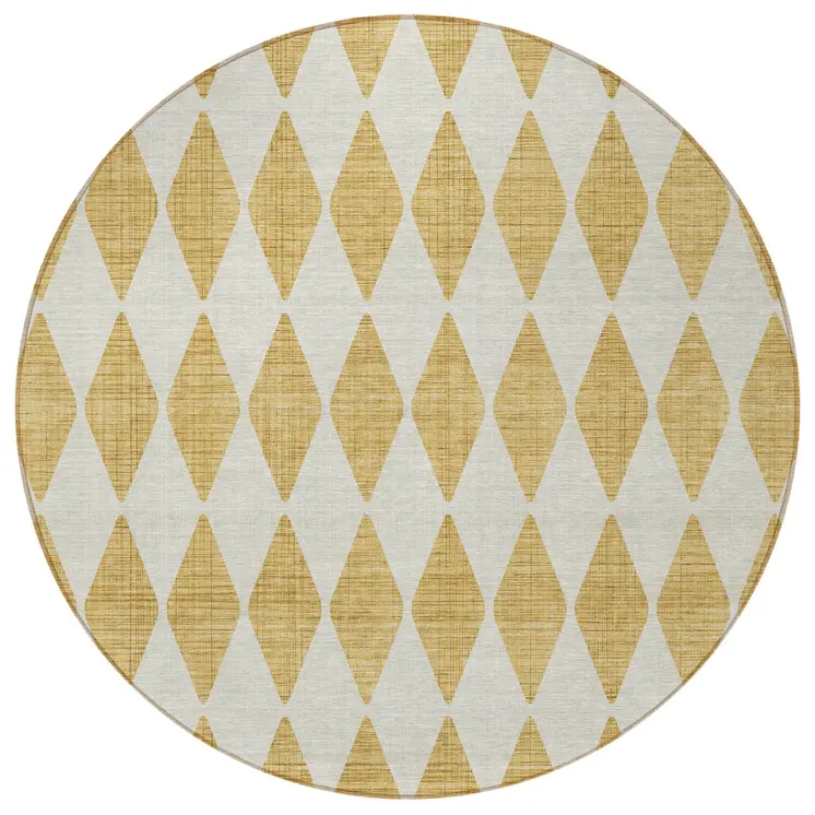 8' Gold Round Geometric Washable Indoor Outdoor Area Rug
