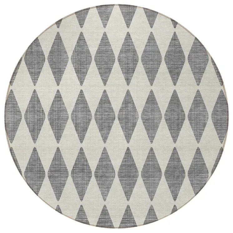 8' Gray And Ivory Round Geometric Washable Indoor Outdoor Area Rug