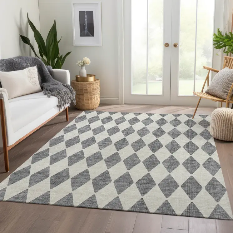 9' X 12' Gray And Ivory Geometric Washable Indoor Outdoor Area Rug
