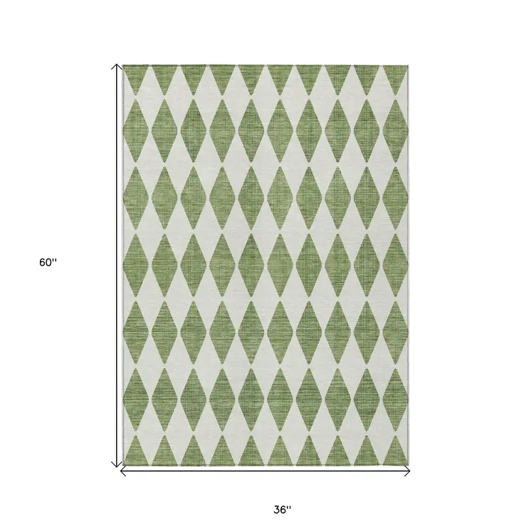 3' X 5' Green And Ivory Geometric Washable Indoor Outdoor Area Rug