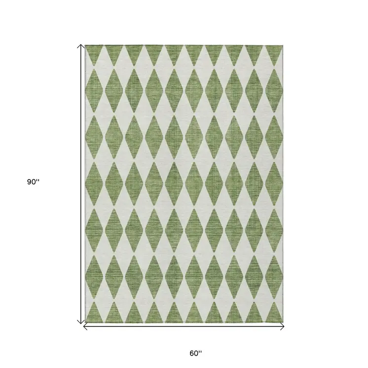 5' X 8' Green And Ivory Geometric Washable Indoor Outdoor Area Rug