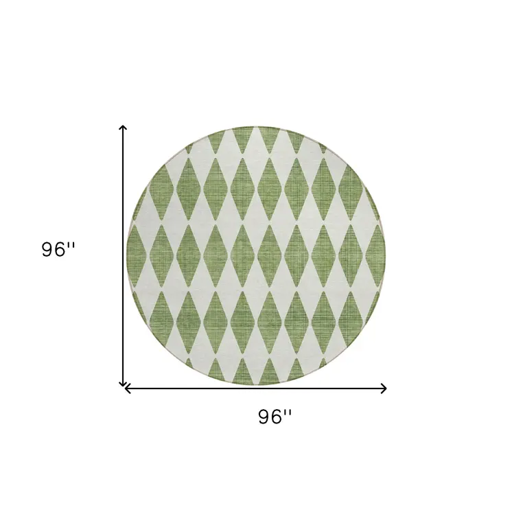 8' Green And Ivory Round Geometric Washable Indoor Outdoor Area Rug