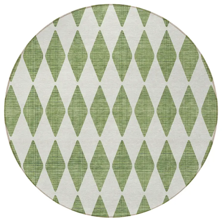 8' Green And Ivory Round Geometric Washable Indoor Outdoor Area Rug