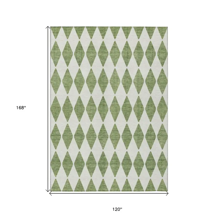 10' X 14' Green And Ivory Geometric Washable Indoor Outdoor Area Rug