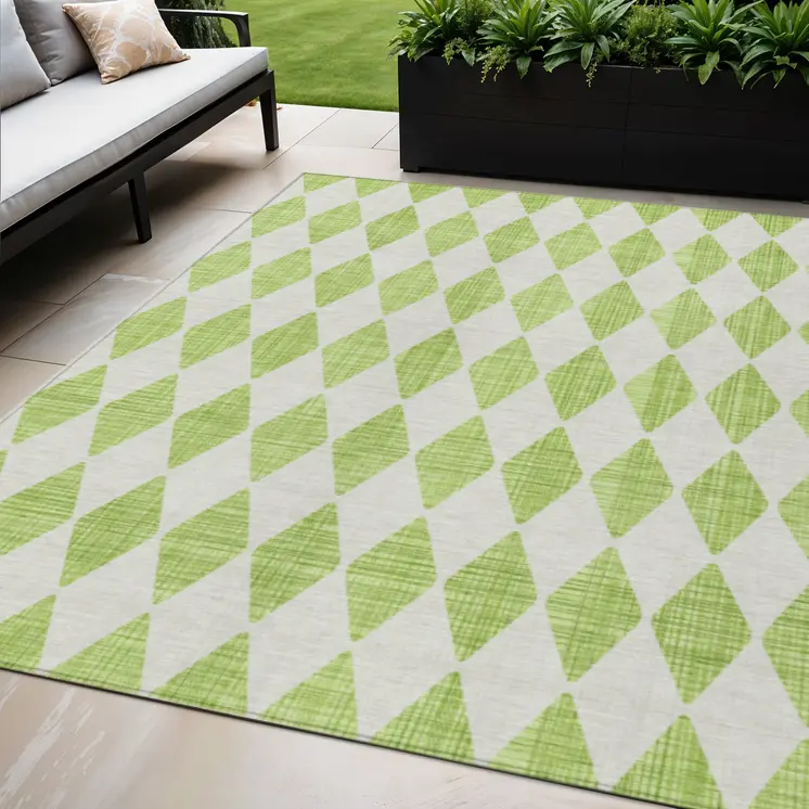 5' X 8' Lime Green And Ivory Geometric Washable Indoor Outdoor Area Rug