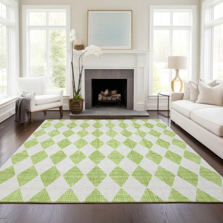 5' X 8' Lime Green And Ivory Geometric Washable Indoor Outdoor Area Rug