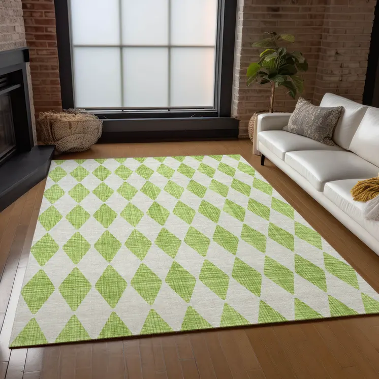 5' X 8' Lime Green And Ivory Geometric Washable Indoor Outdoor Area Rug