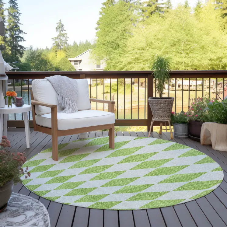 8' Lime Green And Ivory Round Geometric Washable Indoor Outdoor Area Rug